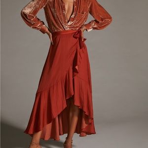 Maeve Dark Burnt Orange Ruffled Satiny Wrap Hi Low Maxi Skirt XSP XS Petite